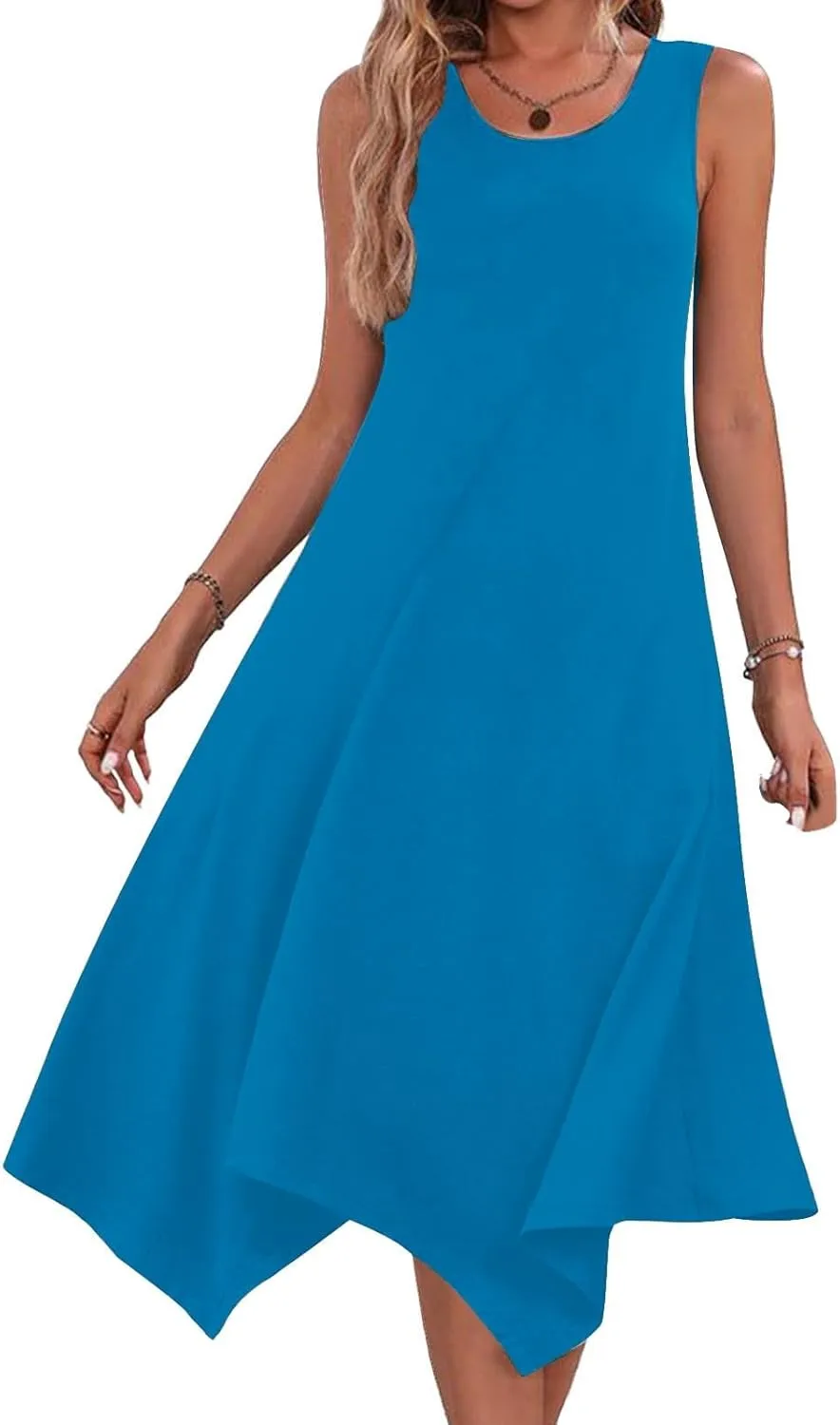 Summer Dresses for Women 2025 Handkerchief Hem Crewneck Tank Dress Casual Sleeveless Beach A-Line Sundress Clothes