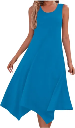 Summer Dresses for Women 2025 Handkerchief Hem Crewneck Tank Dress Casual Sleeveless Beach A-Line Sundress Clothes