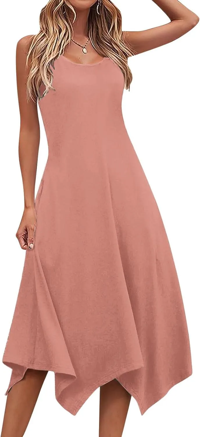 Summer Dresses for Women 2025 Handkerchief Hem Crewneck Tank Dress Casual Sleeveless Beach A-Line Sundress Clothes