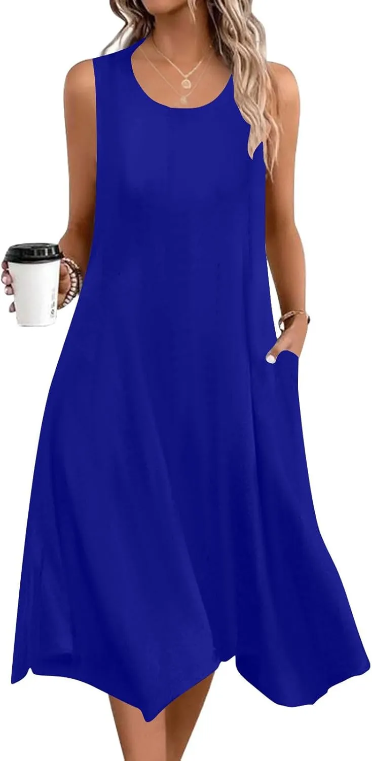 Summer Dresses for Women 2025 Sleeveless Crewneck Casual Midi Tank Dress Loose Flowy Beach Sundress with Pockets