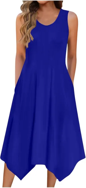 Summer Dresses for Women 2025 Sleeveless Crewneck Casual Midi Tank Dress Loose Flowy Beach Sundress with Pockets