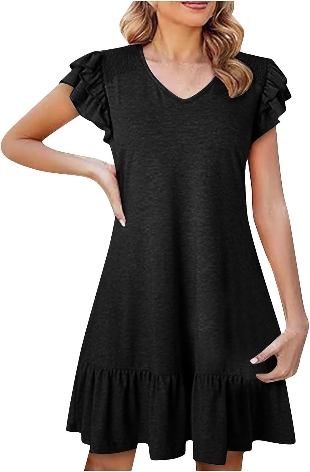 Summer Dresses for Women 2025 Trendy Ruffle Cap Sleeve Mini Dress Loose Pleated Flowy Casual Going Out Beach Dress