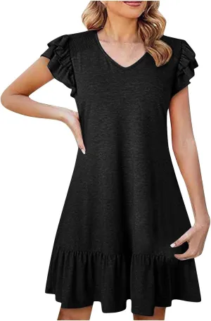 Summer Dresses for Women 2025 Trendy Ruffle Cap Sleeve Mini Dress Loose Pleated Flowy Casual Going Out Beach Dress