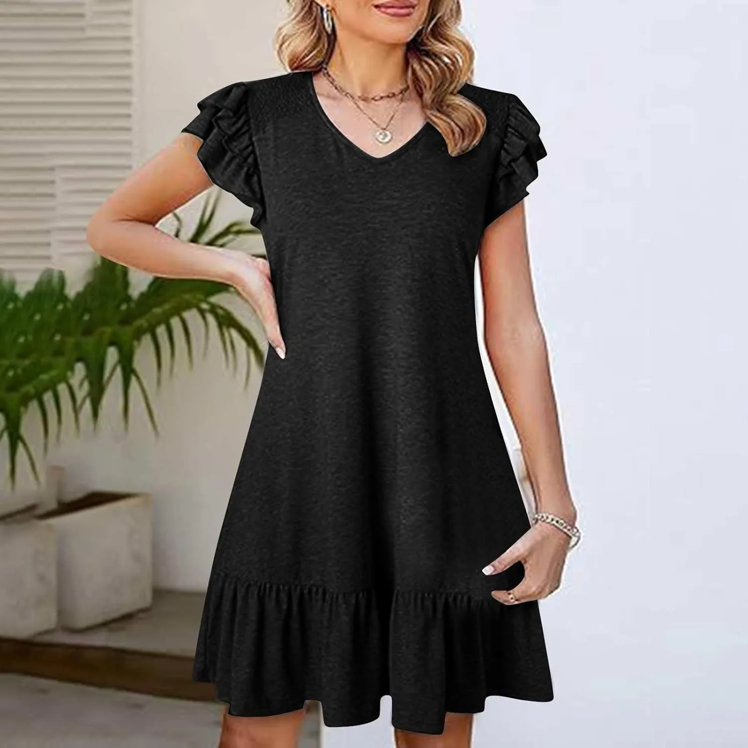 Summer Dresses for Women 2025 Trendy Ruffle Cap Sleeve Mini Dress Loose Pleated Flowy Casual Going Out Beach Dress