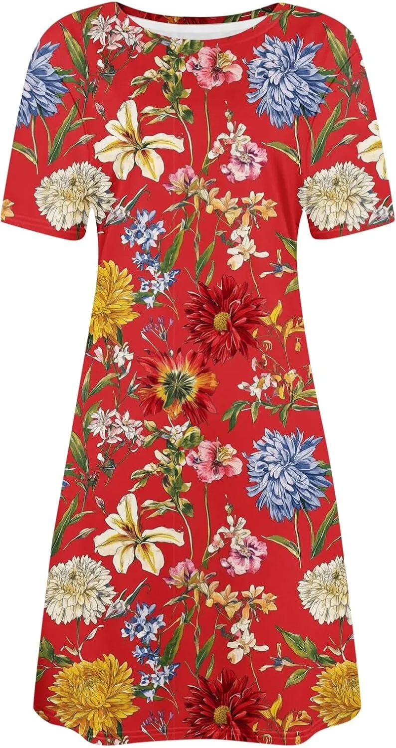 Summer Flower Dress for Women Casual Short Sleeve Crewneck Tank Dresses Beach Vacation Mini Sundress