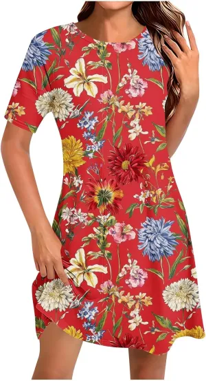 Summer Flower Dress for Women Casual Short Sleeve Crewneck Tank Dresses Beach Vacation Mini Sundress