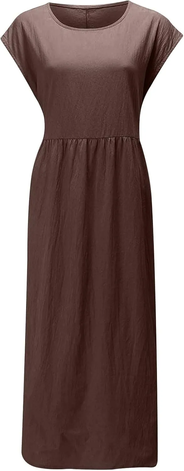 Summer Long Dresses for Women 2023 Casual Plus Size Cotton Linen Tshirt Dress Sleeveless Loose Baggy Kaftan Dress