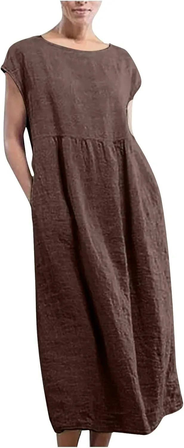Summer Long Dresses for Women 2023 Casual Plus Size Cotton Linen Tshirt Dress Sleeveless Loose Baggy Kaftan Dress