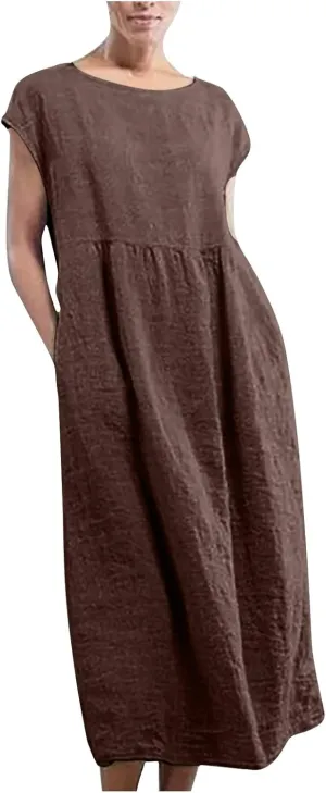 Summer Long Dresses for Women 2023 Casual Plus Size Cotton Linen Tshirt Dress Sleeveless Loose Baggy Kaftan Dress