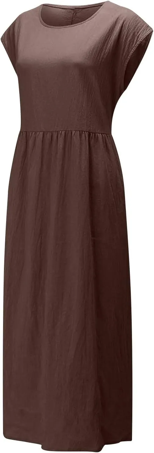Summer Long Dresses for Women 2023 Casual Plus Size Cotton Linen Tshirt Dress Sleeveless Loose Baggy Kaftan Dress