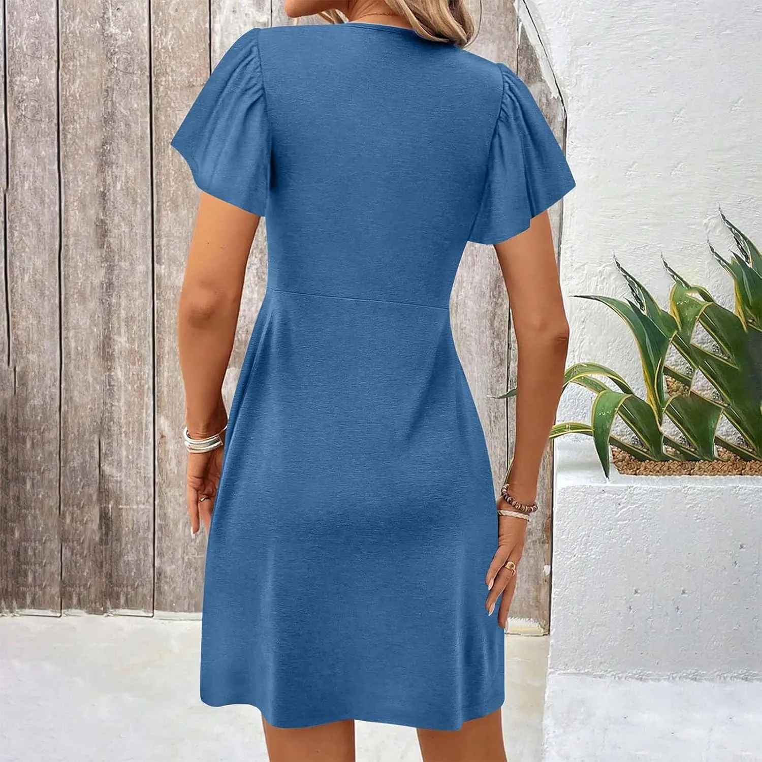Summer Midi Dresses for Women Twist Front V Neck Short Sleeve Sundress Trendy Flowy Dress Boho Beach Vacation Outfits