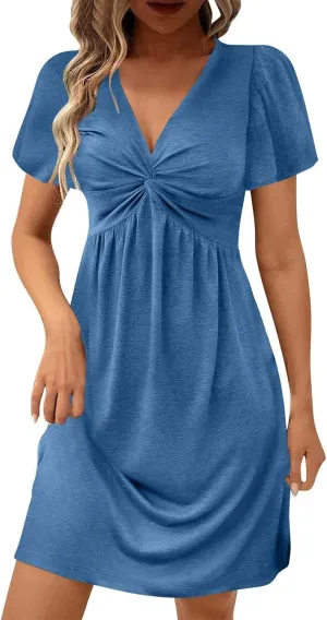 Summer Midi Dresses for Women Twist Front V Neck Short Sleeve Sundress Trendy Flowy Dress Boho Beach Vacation Outfits