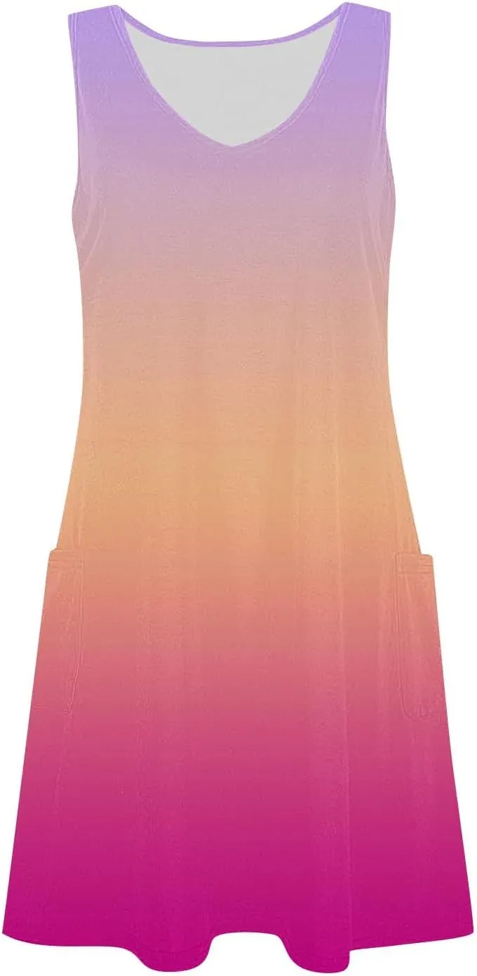 Sundress for Women 2025 Summer Casual V Neck Sleeveless Gradient Boho Tank Dress Loose Beach Dresses with Pockets
