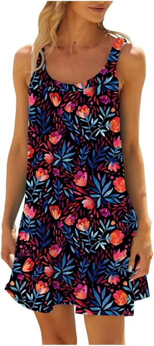 Sundresses for Women Beach Cover Ups Bohemian Floral Hawaiian Dress Sexy Summer Fashion Mini Tank Shirt Dresses