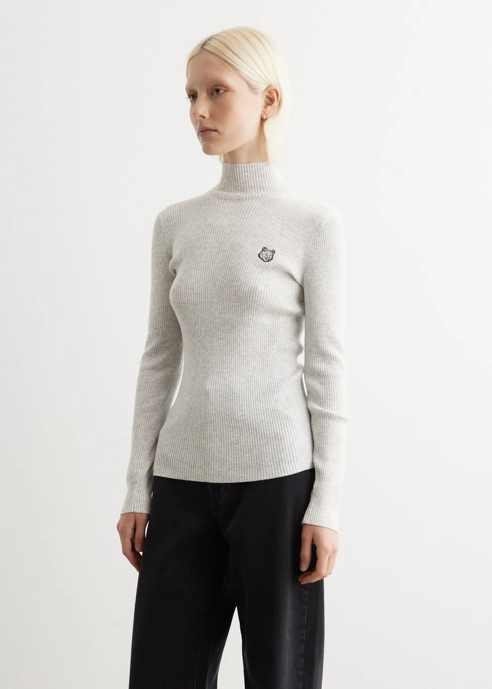 Tonal Fox Head Patch Fine Ribbed Turtleneck