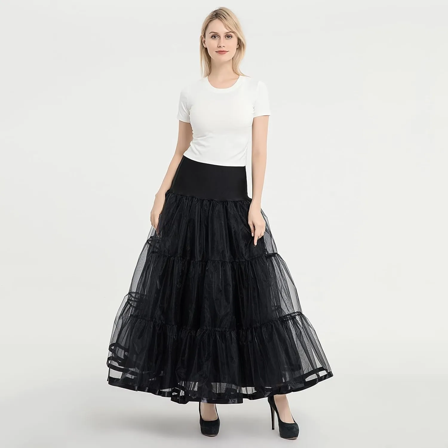 Tulle Skirts for Women Double-Layered Tutu Elastic Waist Floral Print Mesh High Low Asymmetrical A-Line Midi Skirt