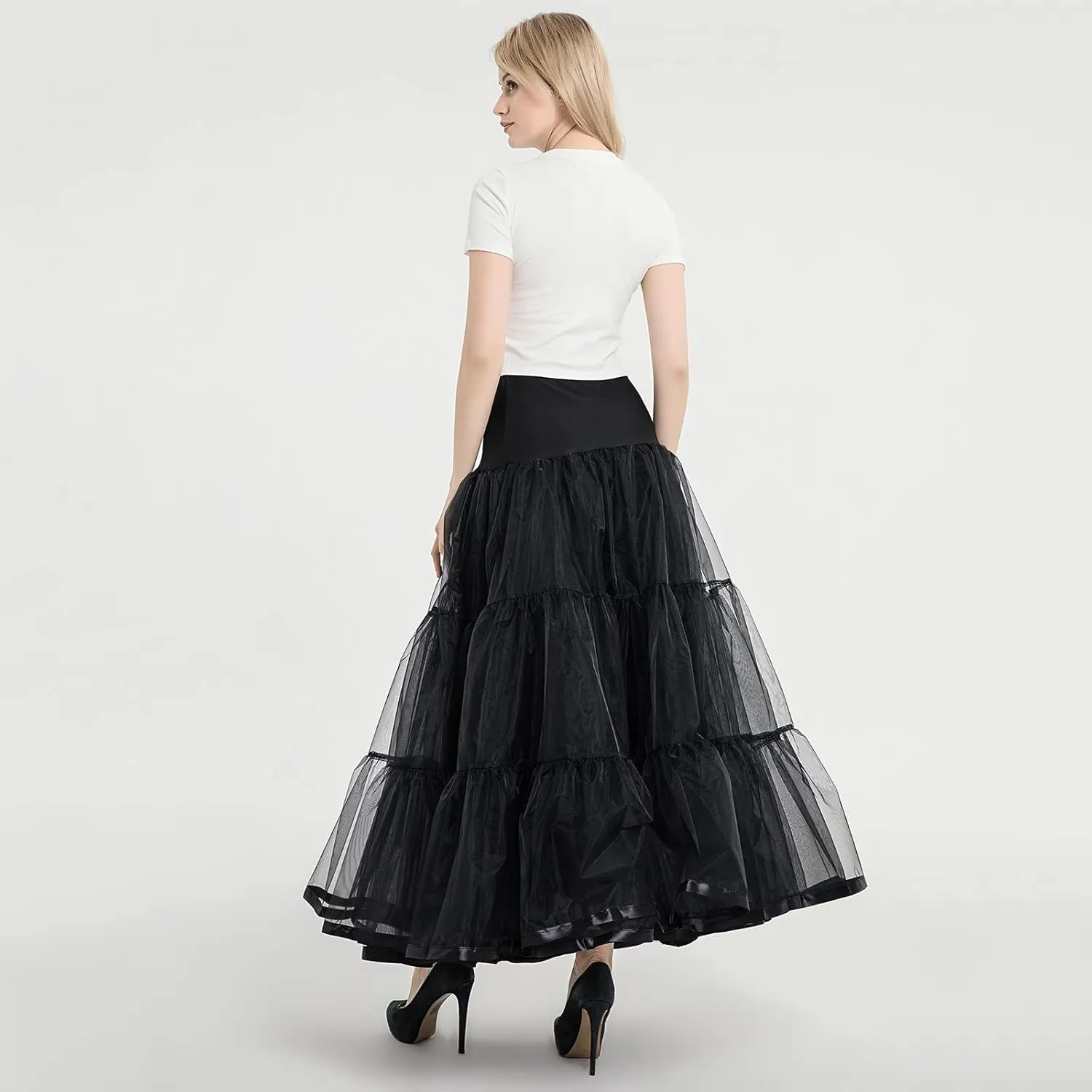 Tulle Skirts for Women Double-Layered Tutu Elastic Waist Floral Print Mesh High Low Asymmetrical A-Line Midi Skirt