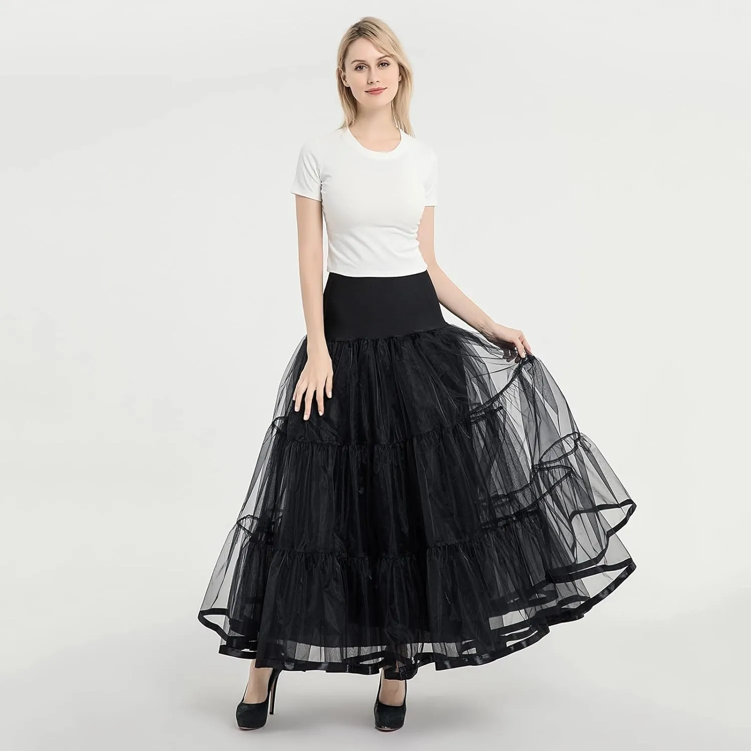 Tulle Skirts for Women Double-Layered Tutu Elastic Waist Floral Print Mesh High Low Asymmetrical A-Line Midi Skirt