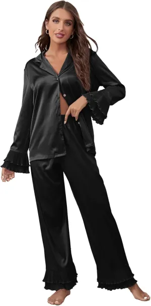 Verdusa Women's Satin Notch Collar Blouse and Ruffle Hem Pants PJ Set