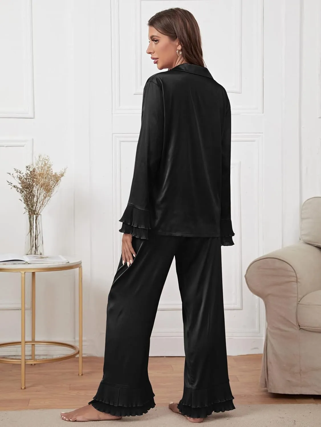 Verdusa Women's Satin Notch Collar Blouse and Ruffle Hem Pants PJ Set