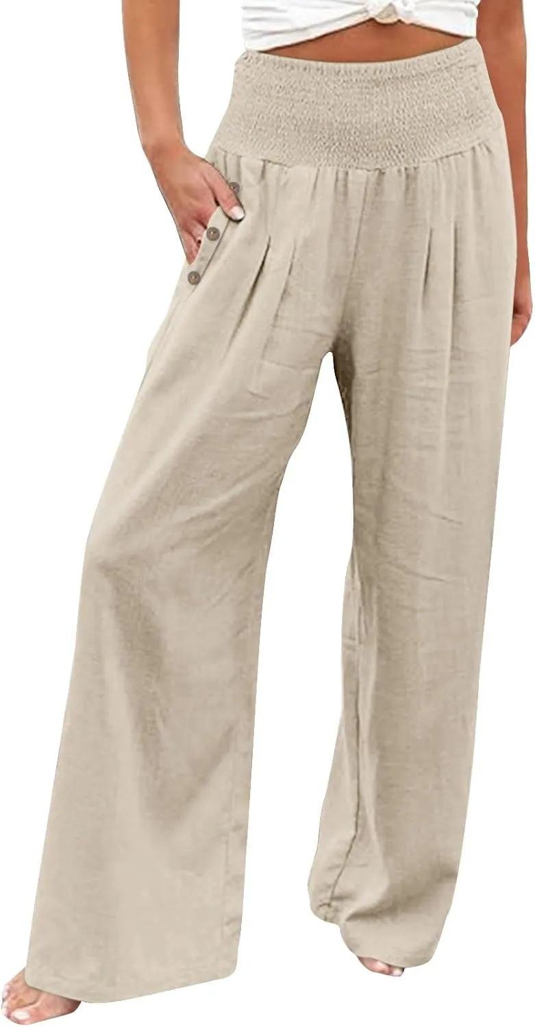 Wide Leg Linen Pull On Pants for Women Petite Summer Casual Capri Pant for Summer Loose Work Trousers