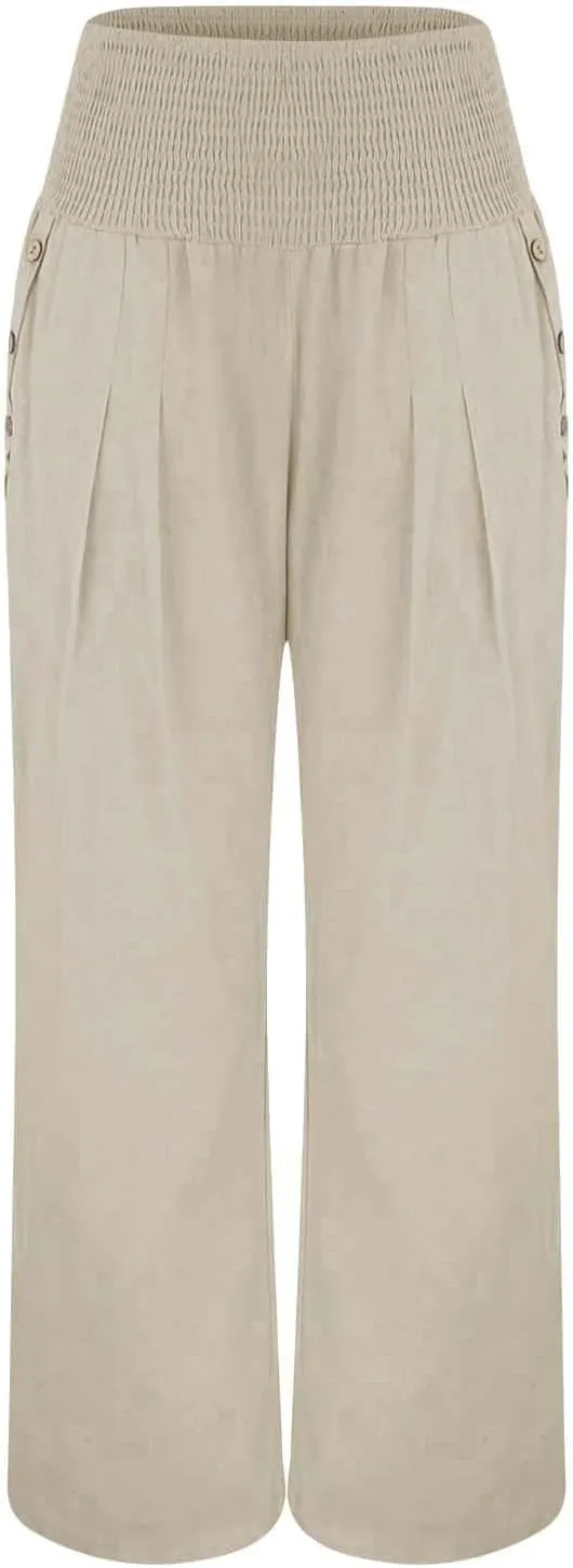 Wide Leg Linen Pull On Pants for Women Petite Summer Casual Capri Pant for Summer Loose Work Trousers
