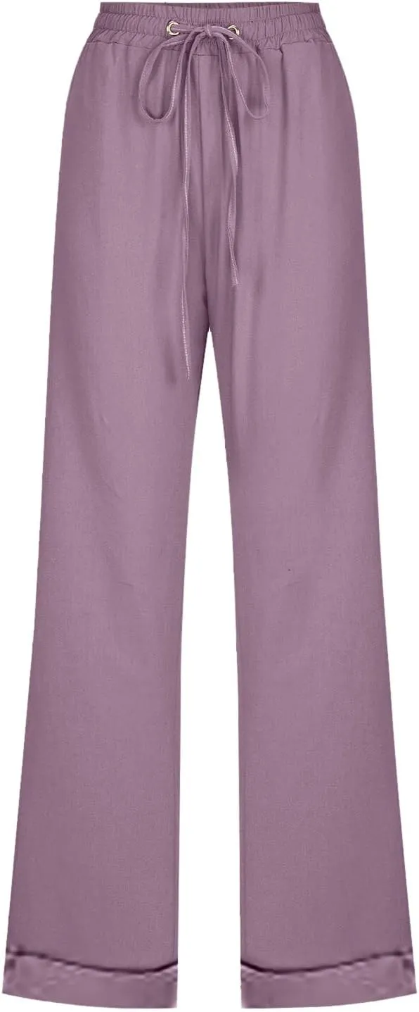 Wide Leg Pants Woman Elastic Waist Trousers Lightweight Linen Blend Casual Lounge Wear High Waist Design