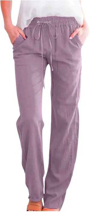 Wide Leg Pants Woman Elastic Waist Trousers Lightweight Linen Blend Casual Lounge Wear High Waist Design