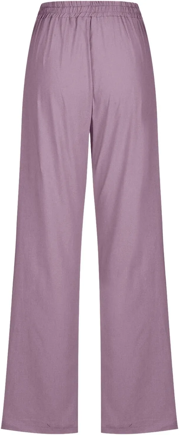 Wide Leg Pants Woman Elastic Waist Trousers Lightweight Linen Blend Casual Lounge Wear High Waist Design