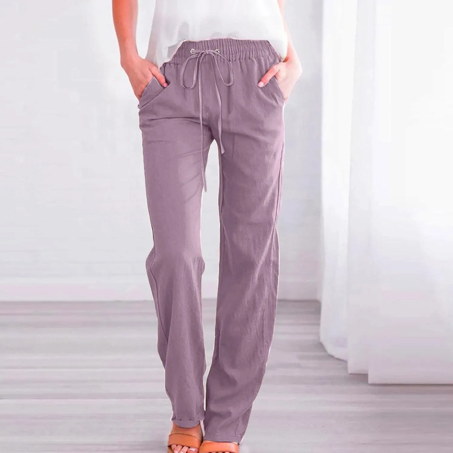 Wide Leg Pants Woman Elastic Waist Trousers Lightweight Linen Blend Casual Lounge Wear High Waist Design