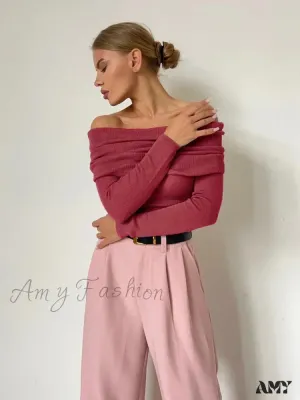 Wolfeel Women Knitted Wool T-shirt Slim Fit Long Sleeve Off Shoulder Sweater