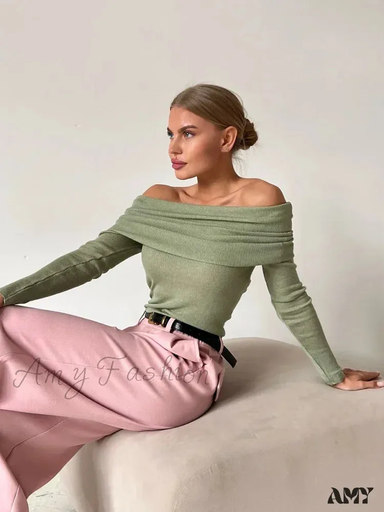 Wolfeel Women Knitted Wool T-shirt Slim Fit Long Sleeve Off Shoulder Sweater