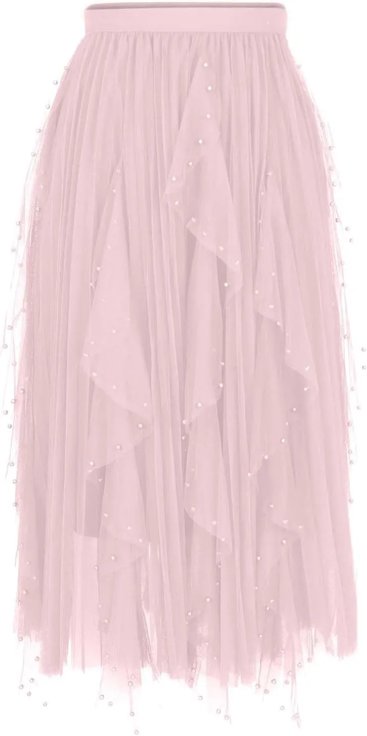 Women Beading Trim Tulle Skirts Ruffle Pleated Midi Length Tutu Skirts Elastic High Waisted Elegant A Line Skirt