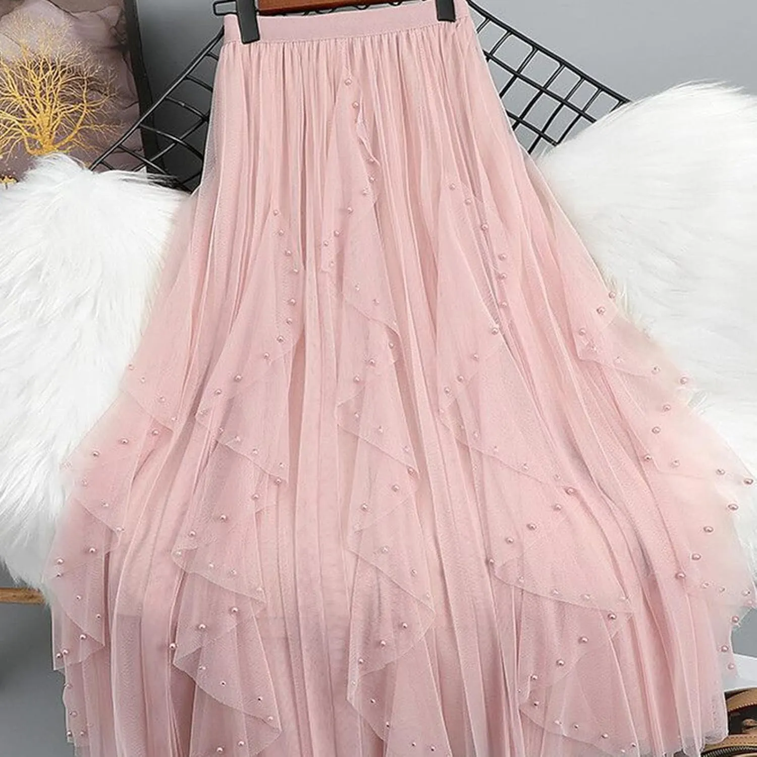 Women Beading Trim Tulle Skirts Ruffle Pleated Midi Length Tutu Skirts Elastic High Waisted Elegant A Line Skirt