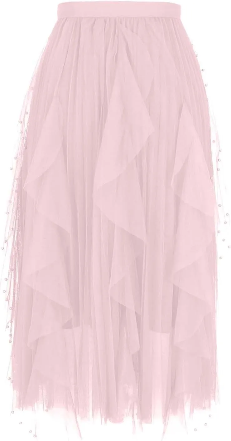 Women Beading Trim Tulle Skirts Ruffle Pleated Midi Length Tutu Skirts Elastic High Waisted Elegant A Line Skirt