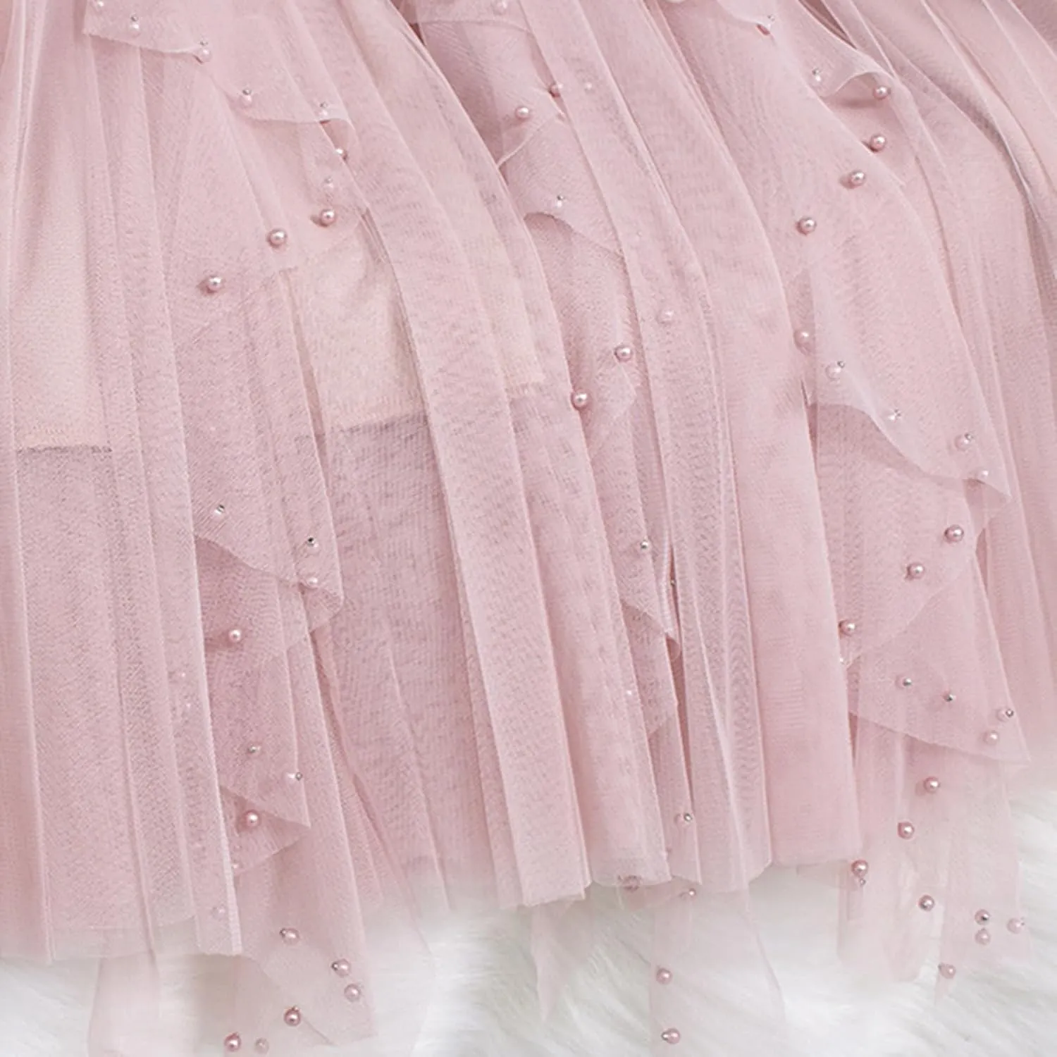 Women Beading Trim Tulle Skirts Ruffle Pleated Midi Length Tutu Skirts Elastic High Waisted Elegant A Line Skirt