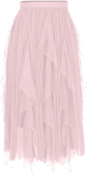 Women Beading Trim Tulle Skirts Ruffle Pleated Midi Length Tutu Skirts Elastic High Waisted Elegant A Line Skirt