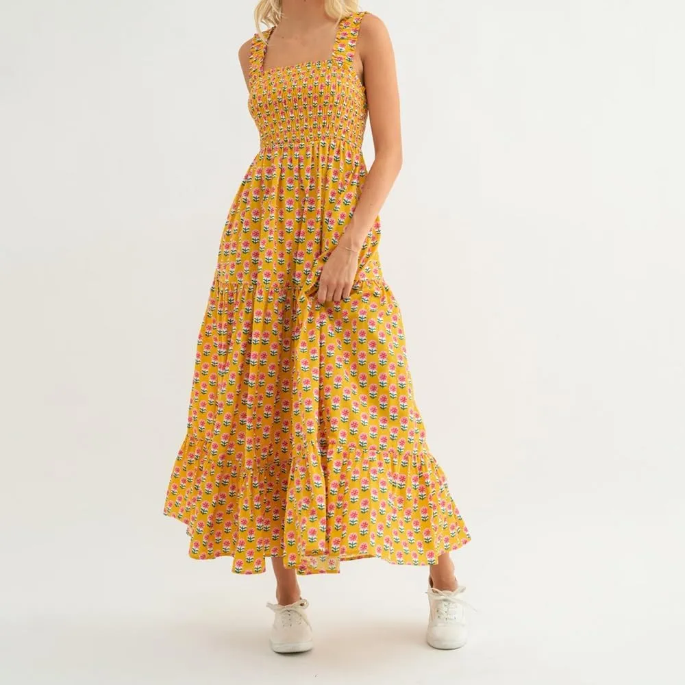 Women Bohemian Graphic Maxi Dress Spaghetti Strap Flowy Cami Dress Floral Tiered Sundress Y2K Summer Beach Dresses