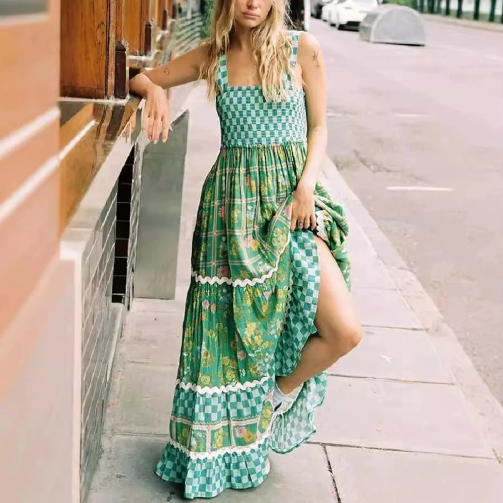 Women Bohemian Graphic Maxi Dress Spaghetti Strap Flowy Cami Dress Floral Tiered Sundress Y2K Summer Beach Dresses
