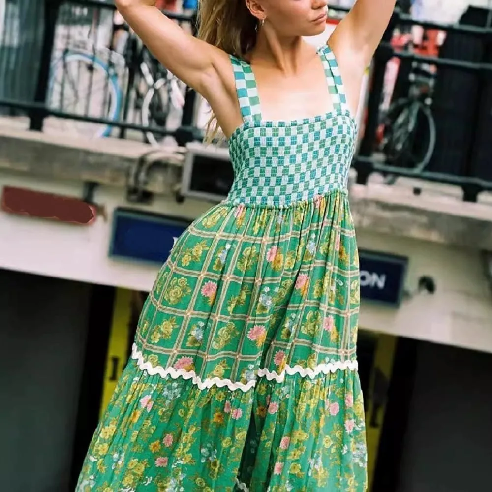 Women Bohemian Graphic Maxi Dress Spaghetti Strap Flowy Cami Dress Floral Tiered Sundress Y2K Summer Beach Dresses
