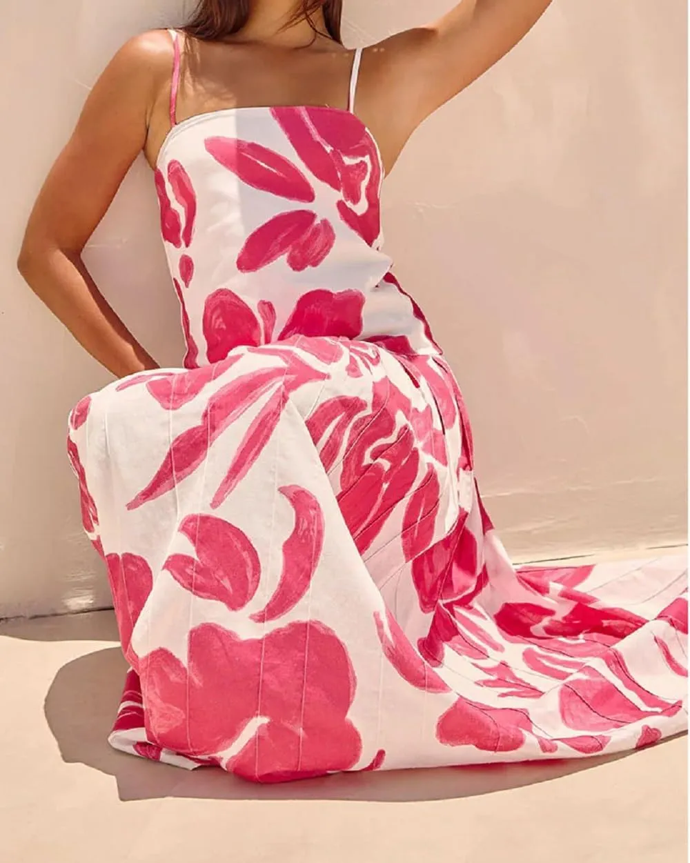 Women Bohemian Graphic Maxi Dress Spaghetti Strap Flowy Cami Dress Floral Tiered Sundress Y2K Summer Beach Dresses
