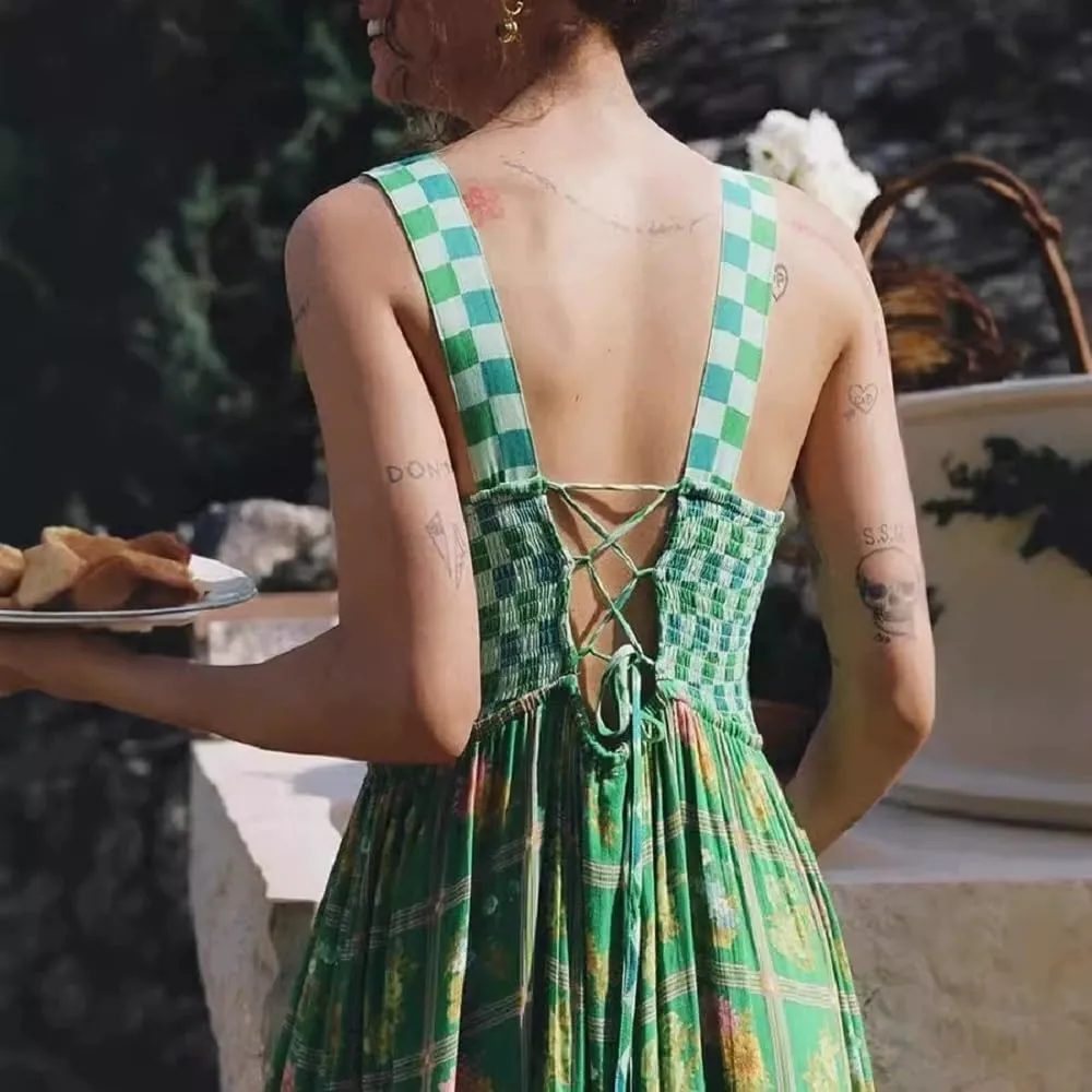 Women Bohemian Graphic Maxi Dress Spaghetti Strap Flowy Cami Dress Floral Tiered Sundress Y2K Summer Beach Dresses