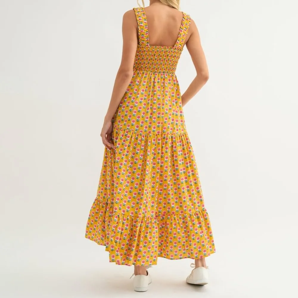 Women Bohemian Graphic Maxi Dress Spaghetti Strap Flowy Cami Dress Floral Tiered Sundress Y2K Summer Beach Dresses
