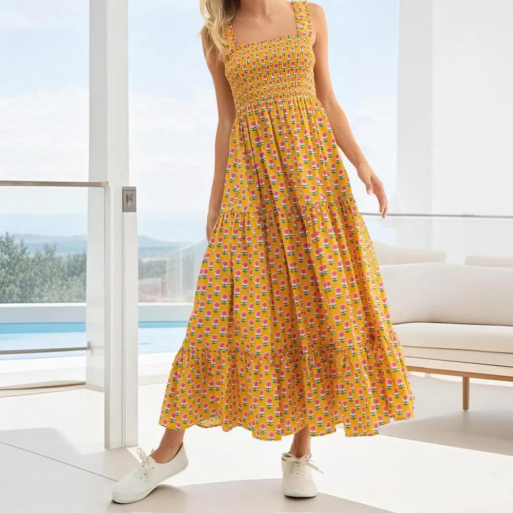 Women Bohemian Graphic Maxi Dress Spaghetti Strap Flowy Cami Dress Floral Tiered Sundress Y2K Summer Beach Dresses
