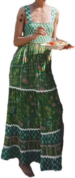 Women Bohemian Graphic Maxi Dress Spaghetti Strap Flowy Cami Dress Floral Tiered Sundress Y2K Summer Beach Dresses