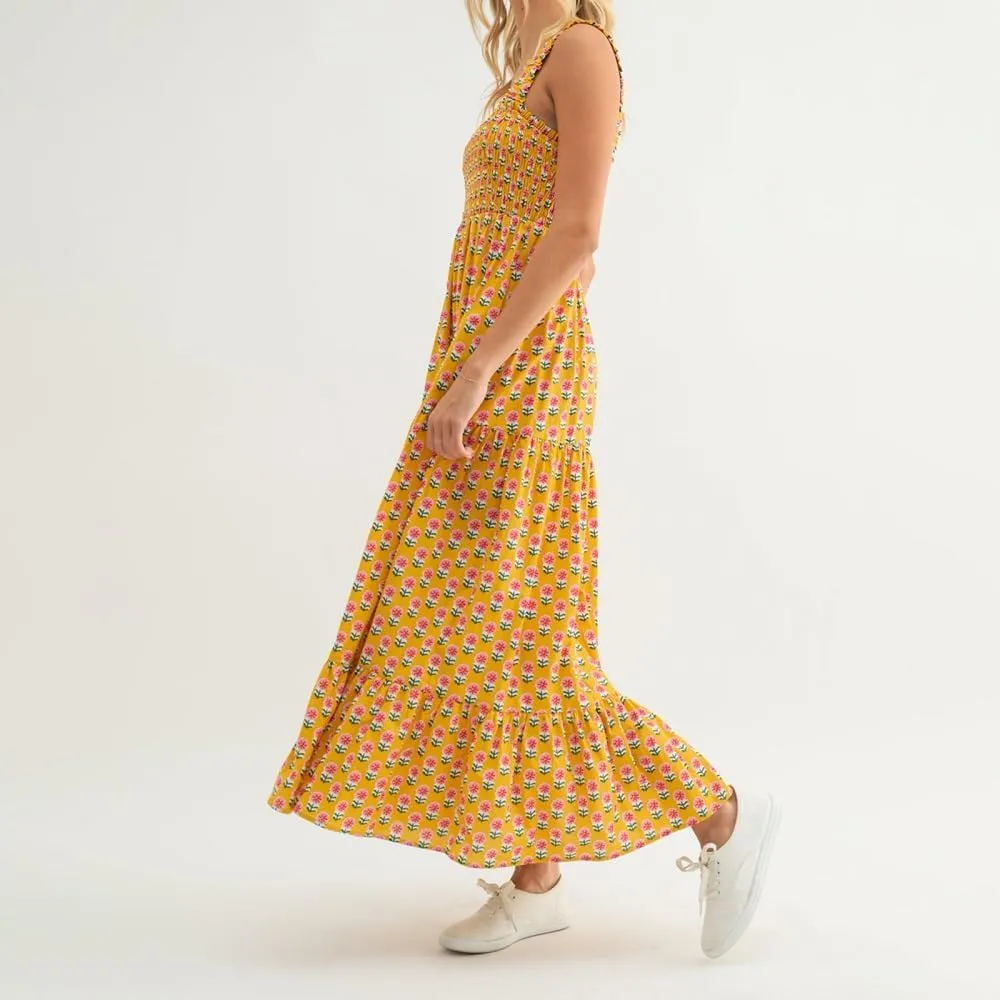 Women Bohemian Graphic Maxi Dress Spaghetti Strap Flowy Cami Dress Floral Tiered Sundress Y2K Summer Beach Dresses