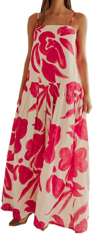 Women Bohemian Graphic Maxi Dress Spaghetti Strap Flowy Cami Dress Floral Tiered Sundress Y2K Summer Beach Dresses