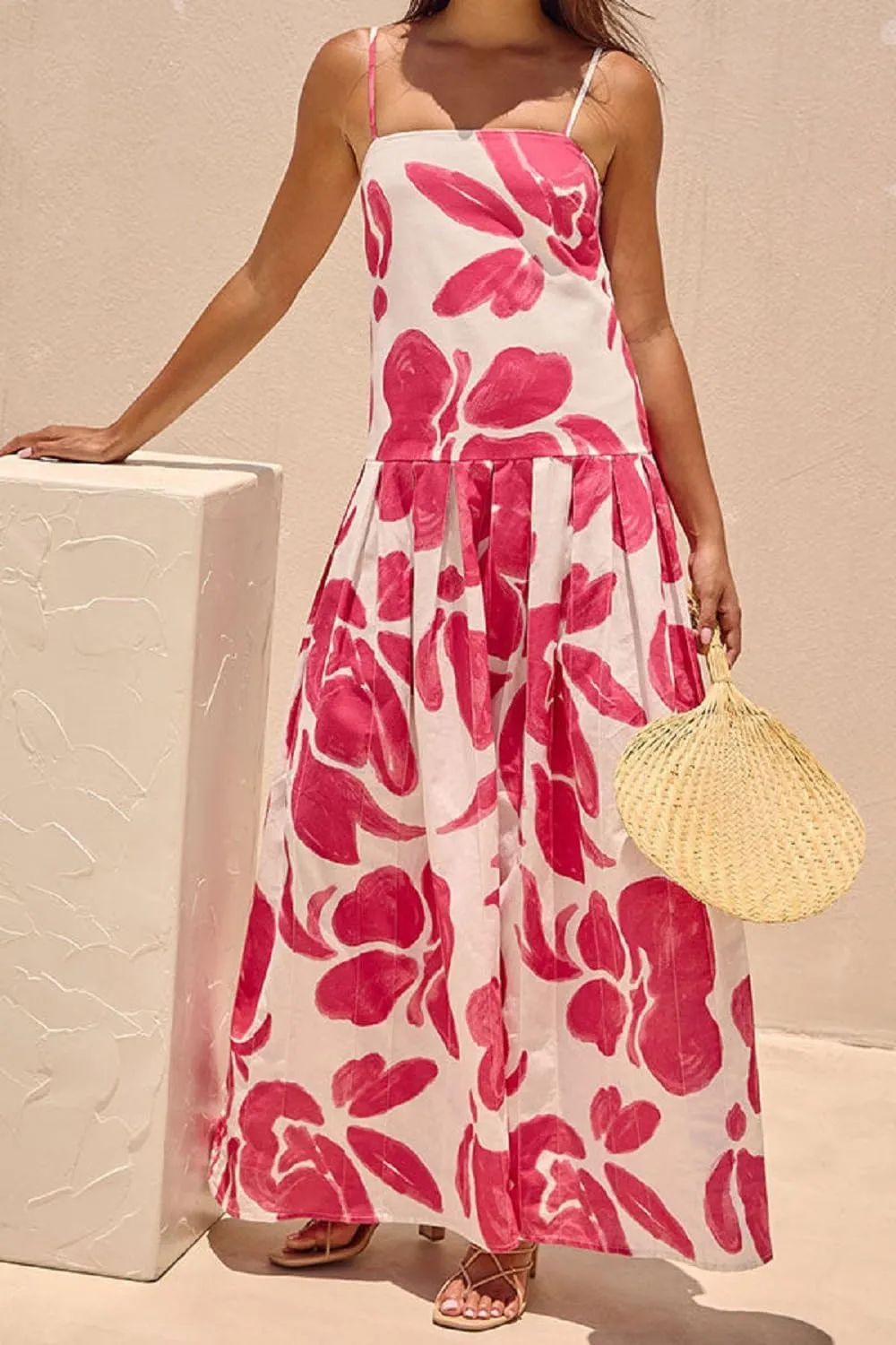 Women Bohemian Graphic Maxi Dress Spaghetti Strap Flowy Cami Dress Floral Tiered Sundress Y2K Summer Beach Dresses