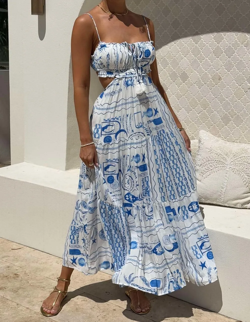 Women Boho Floral Maxi Cami Dress Spaghetti Strap Flowy Long Dress Square Neck A Line Dress Summer Beach Dress