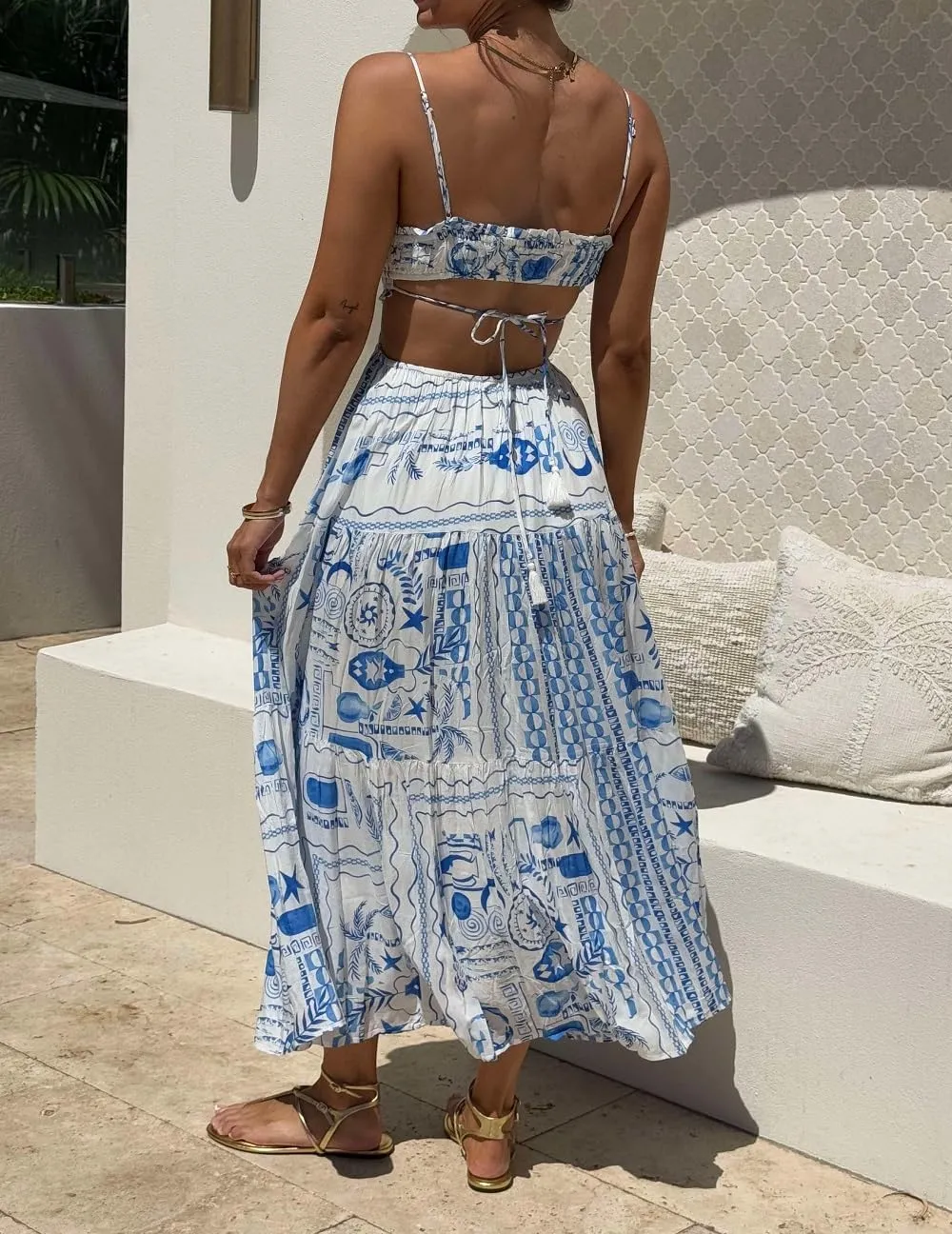 Women Boho Floral Maxi Cami Dress Spaghetti Strap Flowy Long Dress Square Neck A Line Dress Summer Beach Dress